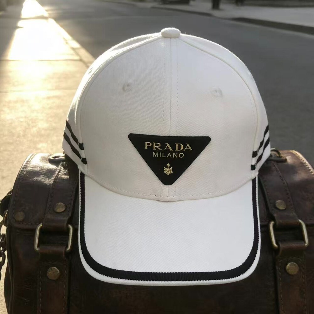 Prada Logo Striped Cotton Baseball Cap White